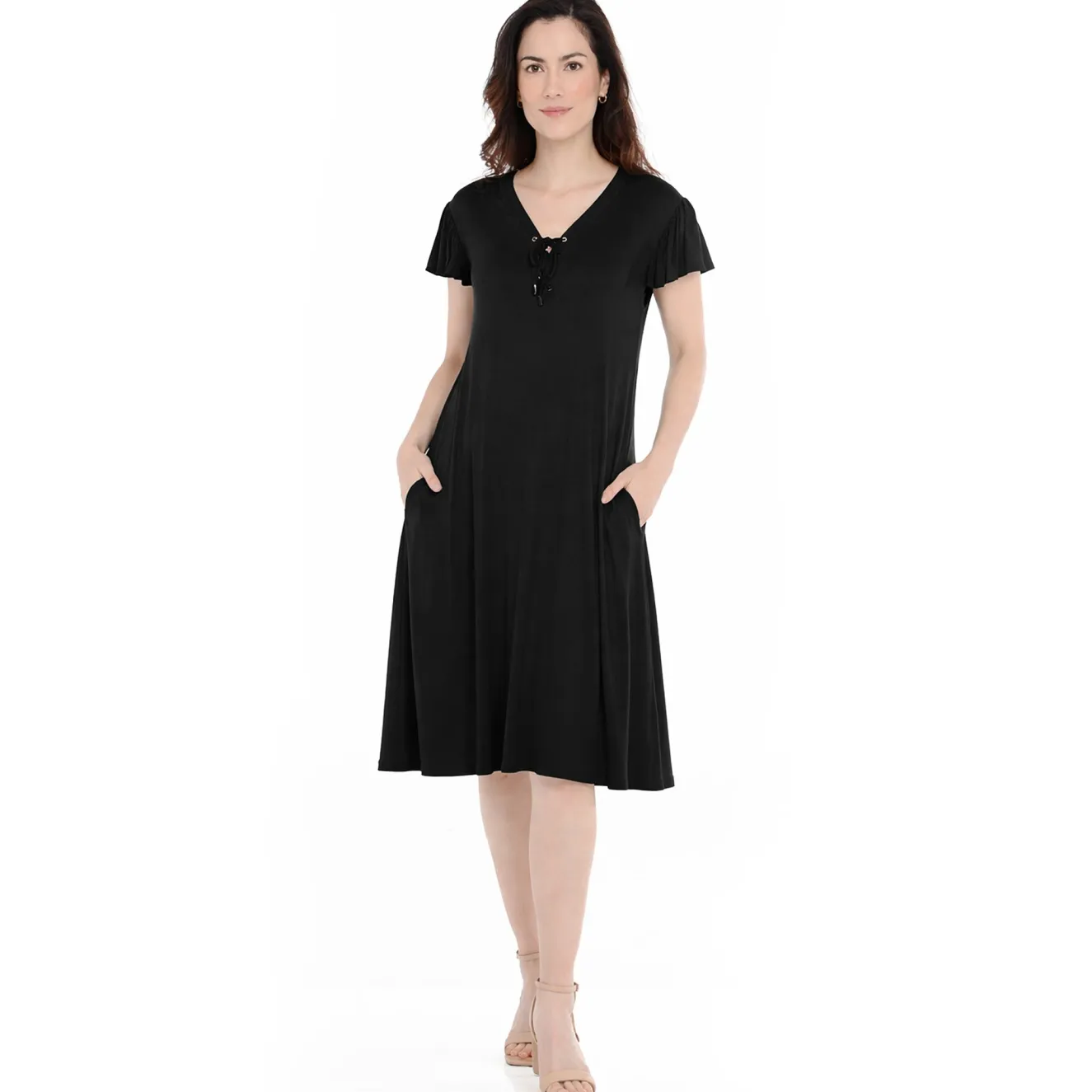 Women's V-Neck Tie Front Flutter Sleeve Shift Dress