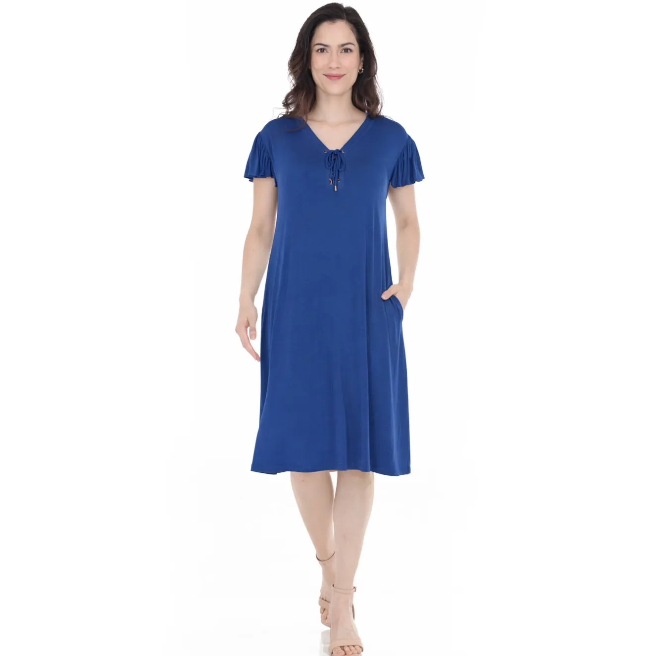 Women's V-Neck Tie Front Flutter Sleeve Shift Dress