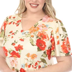 Women'sV-Neck Tropical Flower Short Sleeve Dress - Ivory - Plus