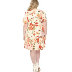 Women'sV-Neck Tropical Flower Short Sleeve Dress - Ivory - Plus
