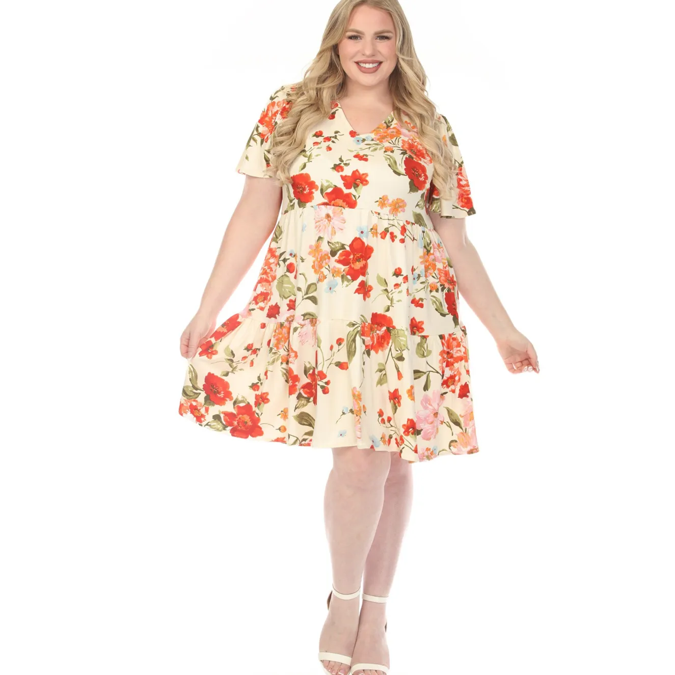 Women'sV-Neck Tropical Flower Short Sleeve Dress - Ivory - Plus