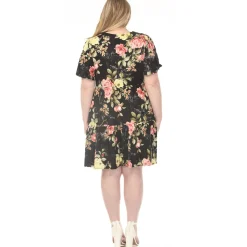 Women'sV-Neck Tropical Flower Short Sleeve Dress - Black - Plus