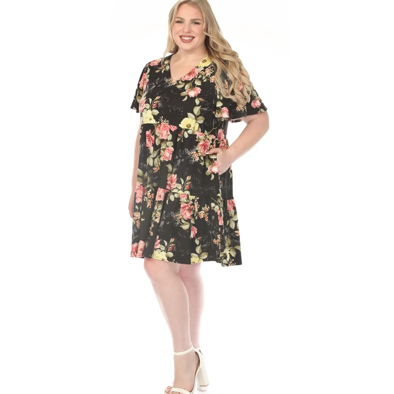 Women'sV-Neck Tropical Flower Short Sleeve Dress - Black - Plus