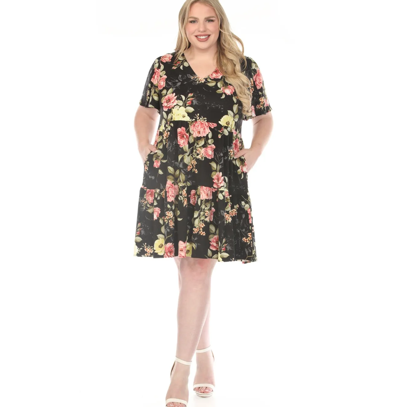 Women'sV-Neck Tropical Flower Short Sleeve Dress - Black - Plus