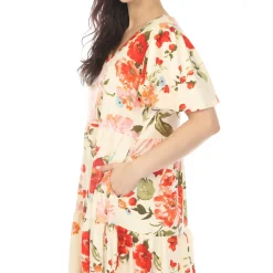 Women's V-Neck Tropical Flower Short Sleeve Dress - Ivory