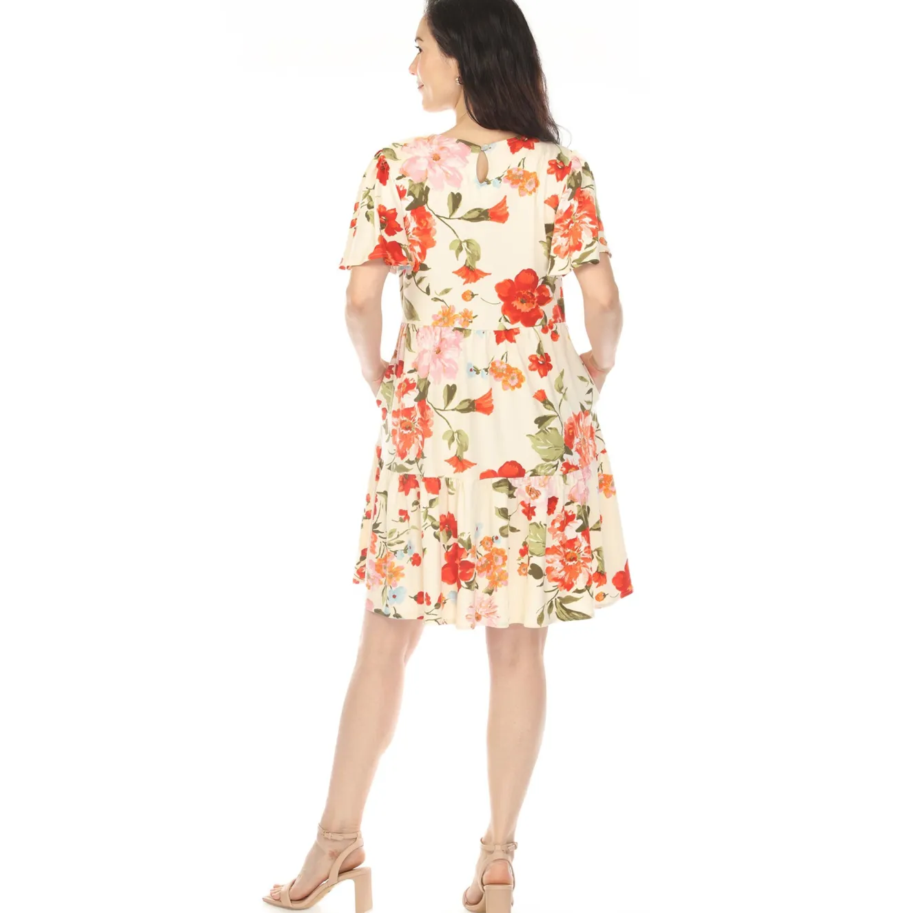 Women's V-Neck Tropical Flower Short Sleeve Dress - Ivory