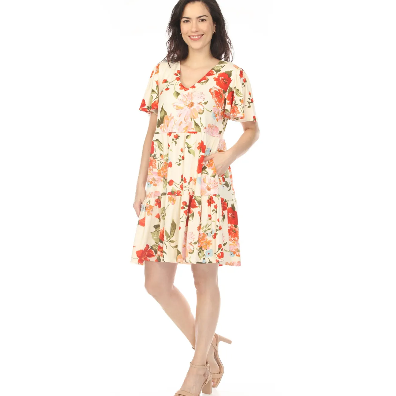 Women's V-Neck Tropical Flower Short Sleeve Dress - Ivory
