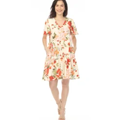 Women's V-Neck Tropical Flower Short Sleeve Dress - Ivory