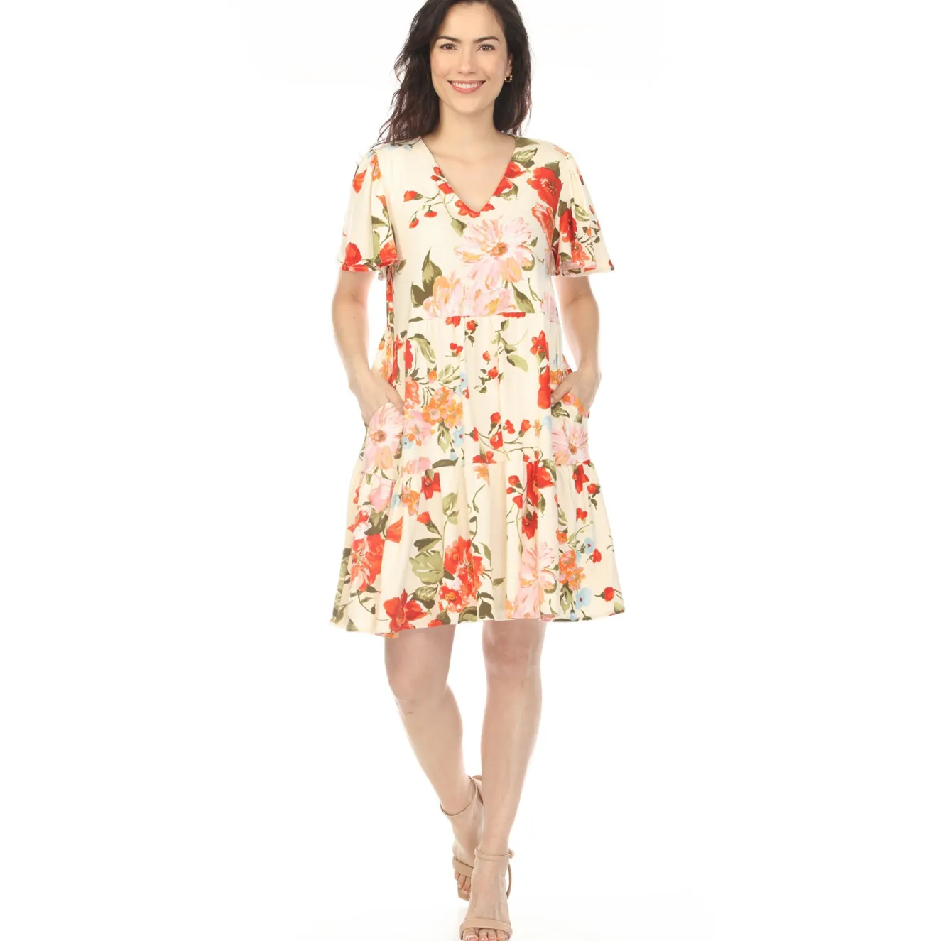 Women's V-Neck Tropical Flower Short Sleeve Dress - Ivory