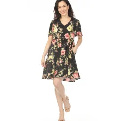 Women's V-Neck Tropical Flower Short Sleeve Dress - Black