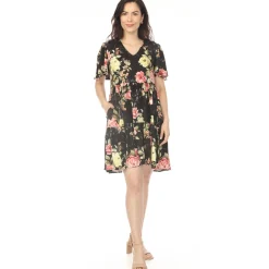 Women's V-Neck Tropical Flower Short Sleeve Dress - Black