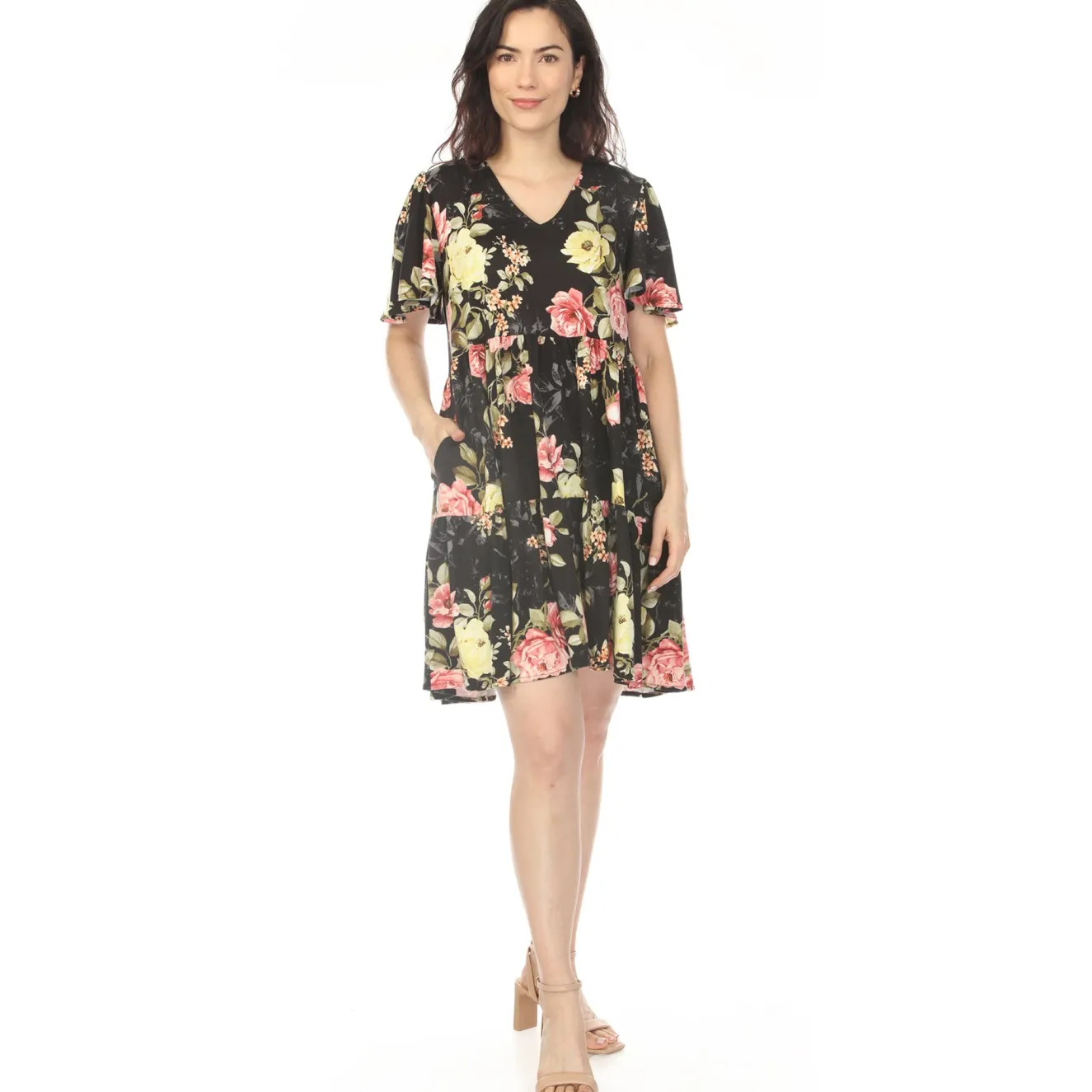 Women's V-Neck Tropical Flower Short Sleeve Dress - Black