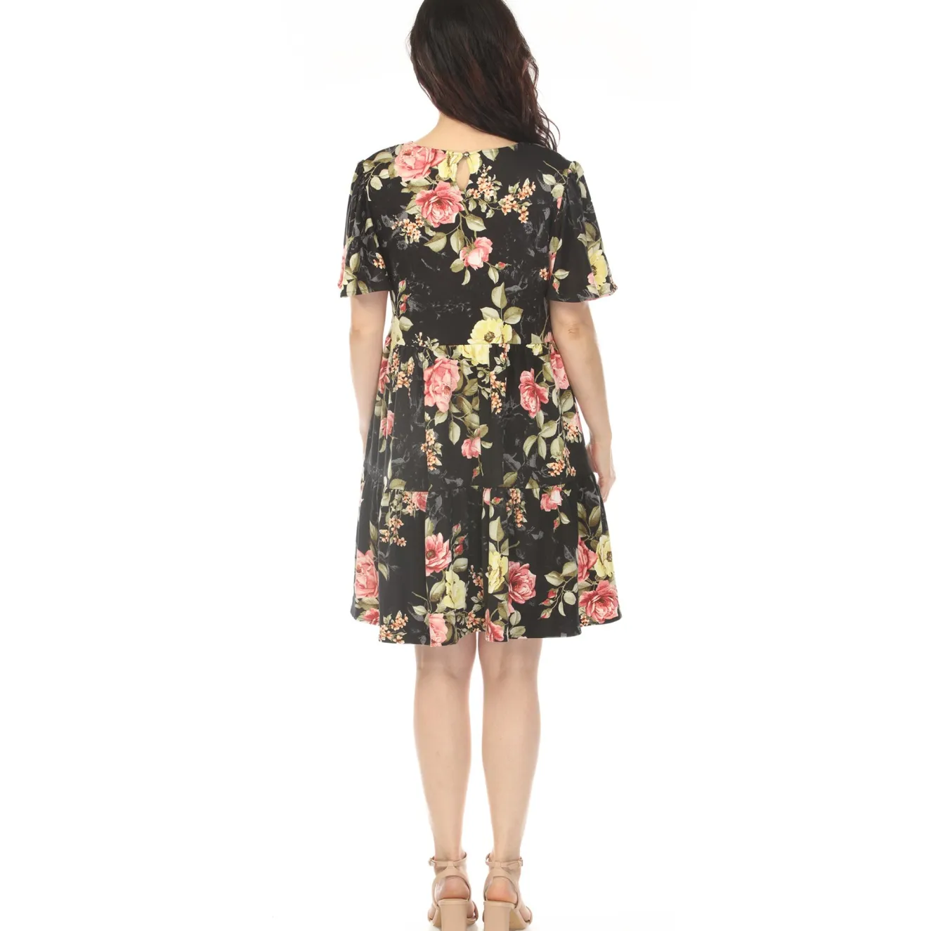 Women's V-Neck Tropical Flower Short Sleeve Dress - Black