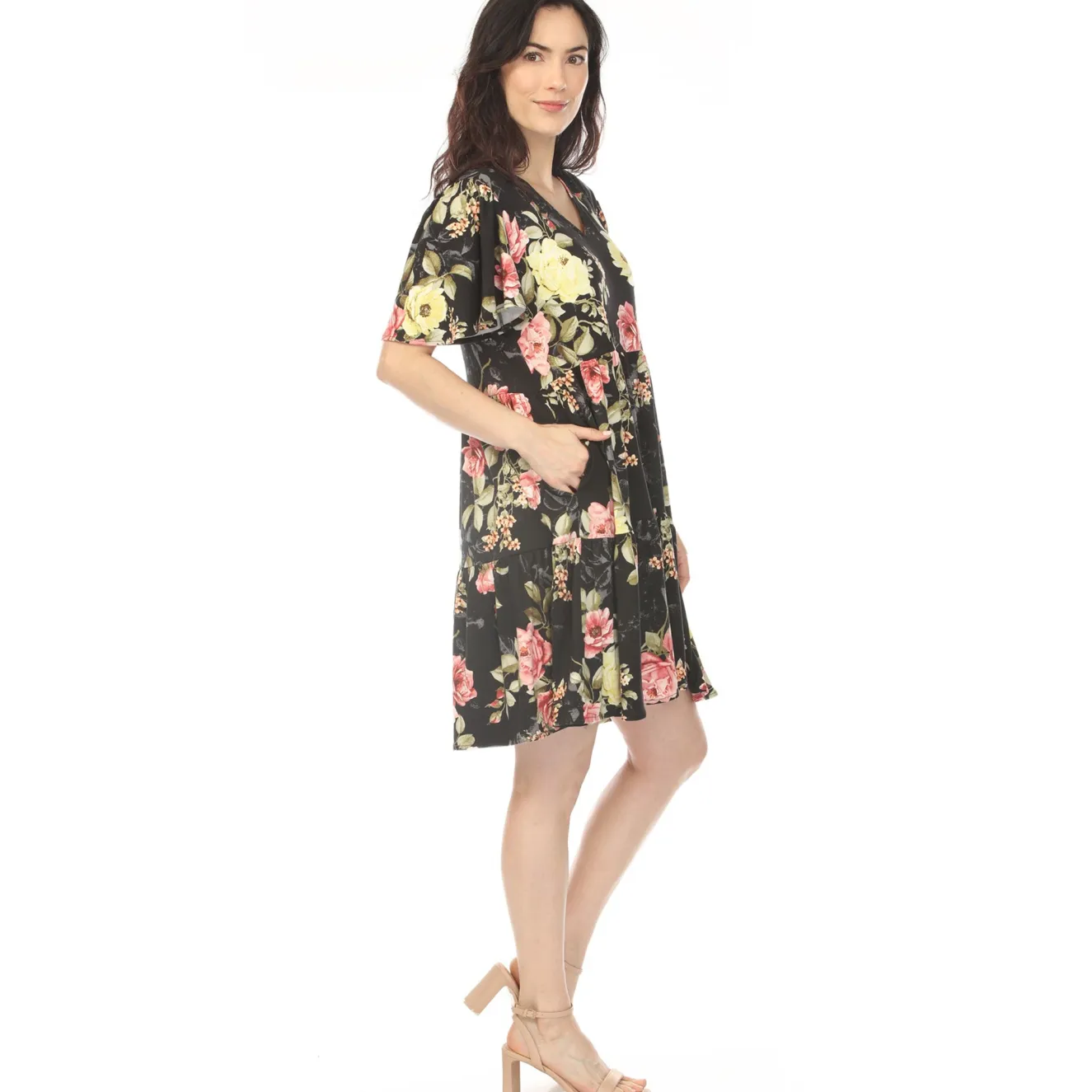 Women's V-Neck Tropical Flower Short Sleeve Dress - Black