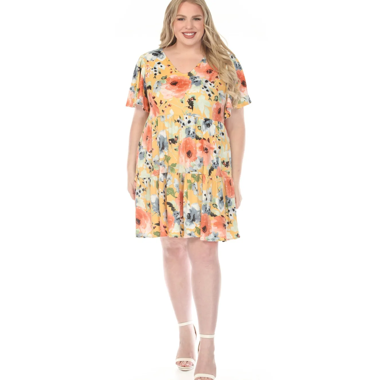 Women'sV-Neck Vintage Floral Short Sleeve Dress - Yellow - Plus