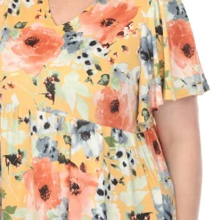 Women'sV-Neck Vintage Floral Short Sleeve Dress - Yellow - Plus