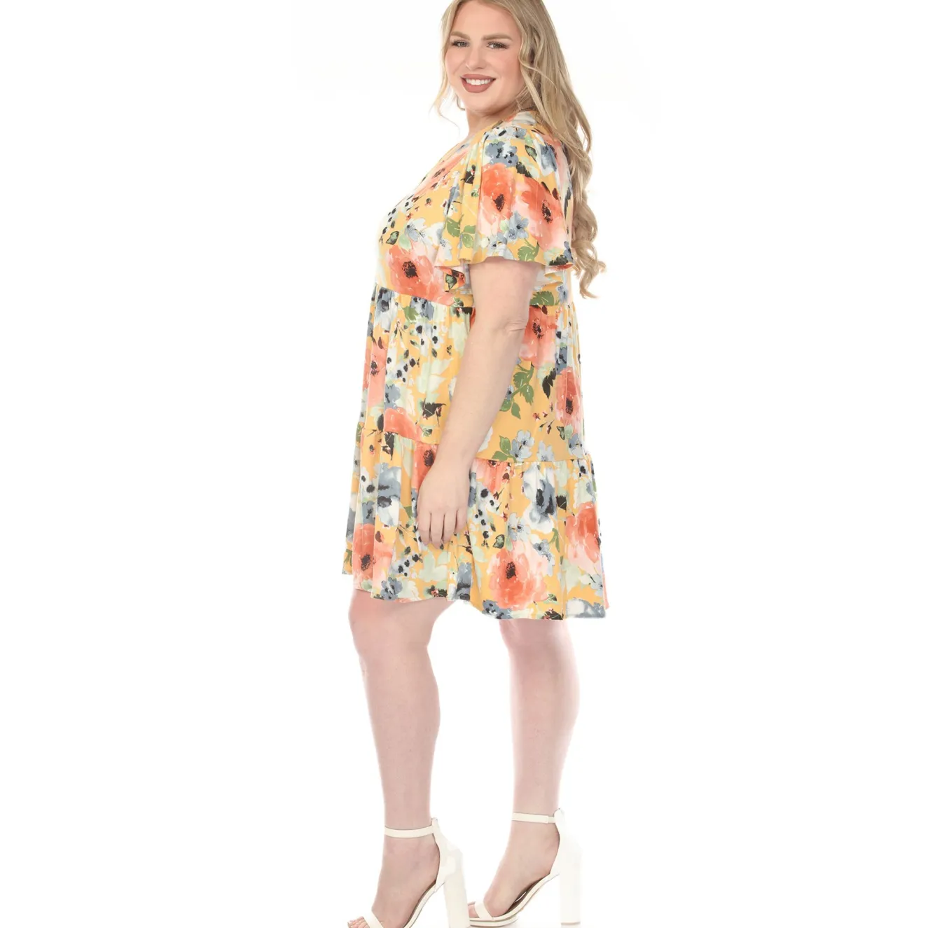 Women'sV-Neck Vintage Floral Short Sleeve Dress - Yellow - Plus