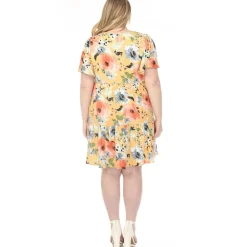 Women'sV-Neck Vintage Floral Short Sleeve Dress - Yellow - Plus