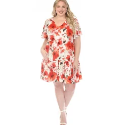 Women'sV-Neck Vintage Floral Short Sleeve Dress - Red - Plus