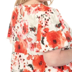 Women'sV-Neck Vintage Floral Short Sleeve Dress - Red - Plus