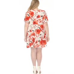 Women'sV-Neck Vintage Floral Short Sleeve Dress - Red - Plus