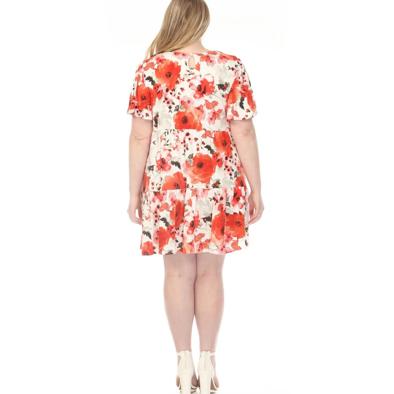 Women'sV-Neck Vintage Floral Short Sleeve Dress - Red - Plus