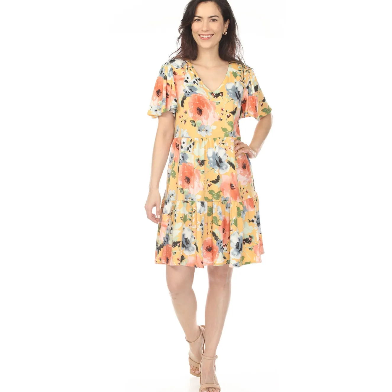 Women's V-Neck Vintage Floral Short Sleeve Dress - Yellow