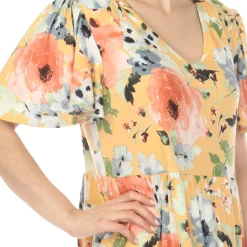 Women's V-Neck Vintage Floral Short Sleeve Dress - Yellow