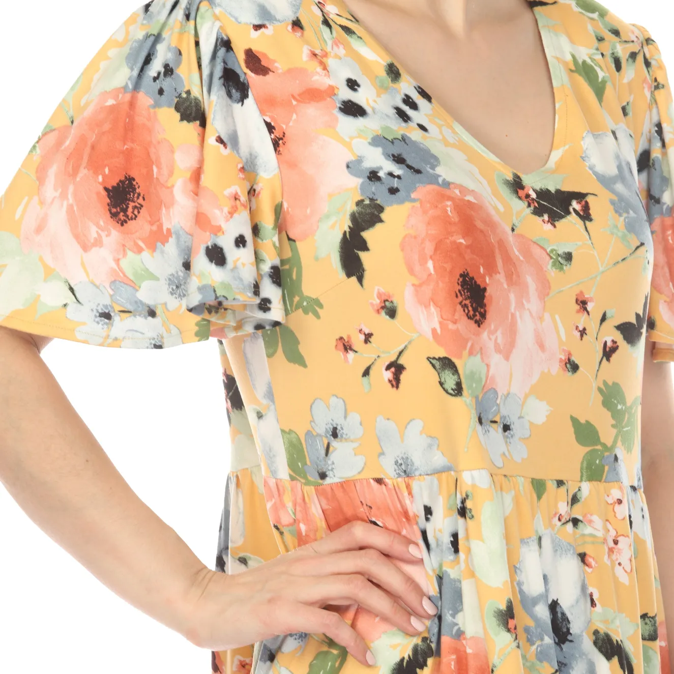 Women's V-Neck Vintage Floral Short Sleeve Dress - Yellow