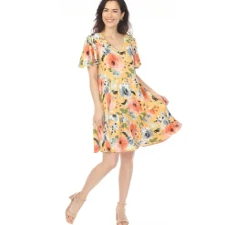 Women's V-Neck Vintage Floral Short Sleeve Dress - Yellow