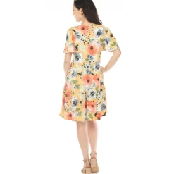 Women's V-Neck Vintage Floral Short Sleeve Dress - Yellow