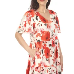Women's V-Neck Vintage Floral Short Sleeve Dress - Red