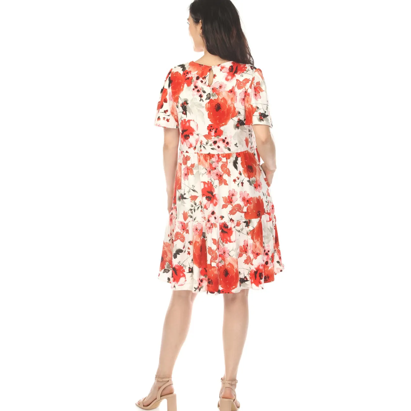 Women's V-Neck Vintage Floral Short Sleeve Dress - Red
