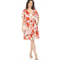Women's V-Neck Vintage Floral Short Sleeve Dress - Red
