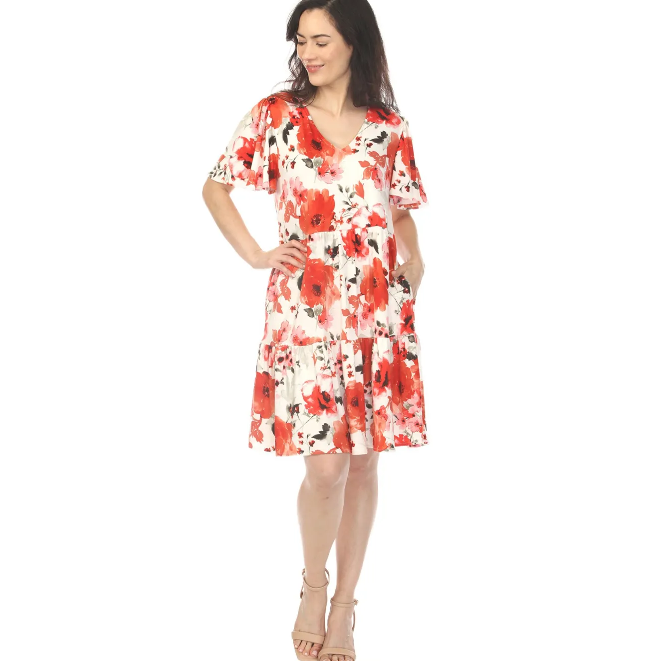 Women's V-Neck Vintage Floral Short Sleeve Dress - Red